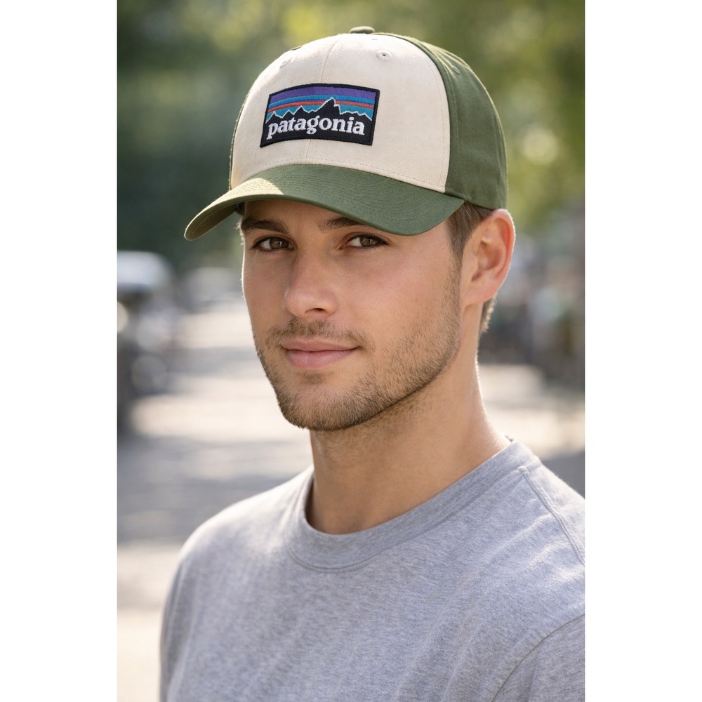 Patagonia Logo Patch Baseball Cap Hat Green‎ Tan Snapback Adjustable One Size